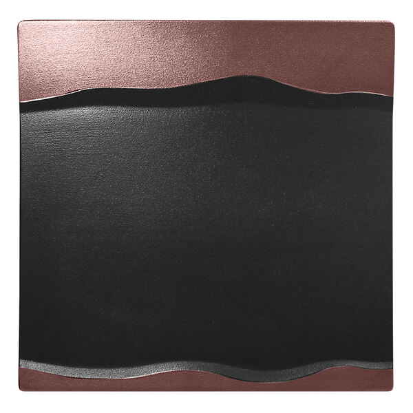 A black and bronze RAK Porcelain square platter with a wave design border.