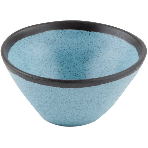A matte speckled grayish blue melamine bowl with a black rim.