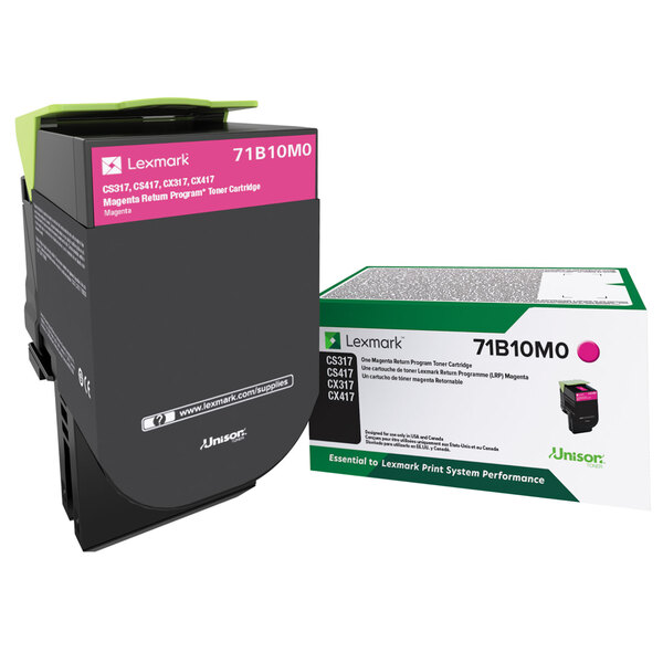 A white and green box with black text reading "Lexmark 71B10C0 Unison Magenta" containing a pink and black Lexmark printer toner cartridge.