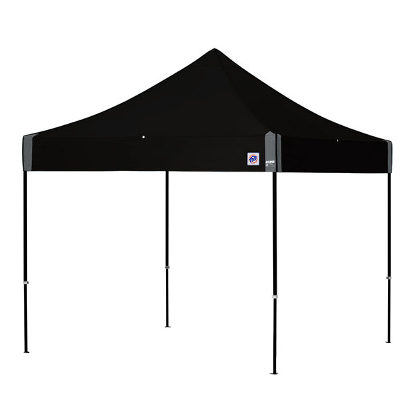 A black E-Z Up canopy with black poles on a white background.