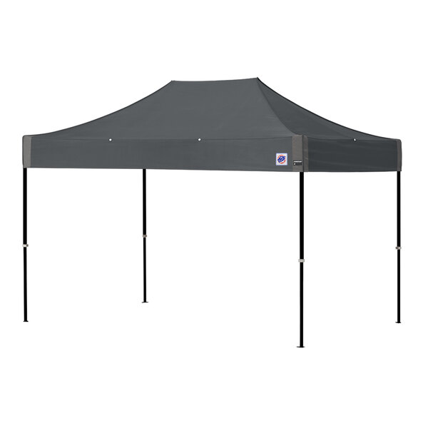 A grey E-Z Up canopy with black poles.