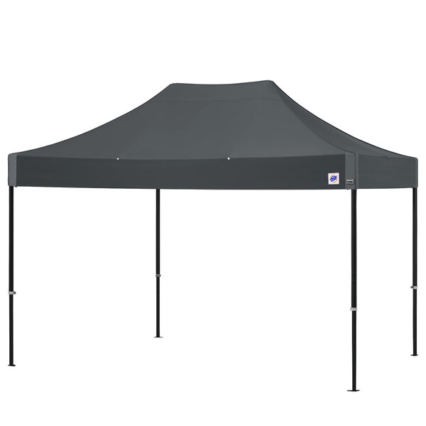 An E-Z Up steel gray canopy tent with a matte black frame.