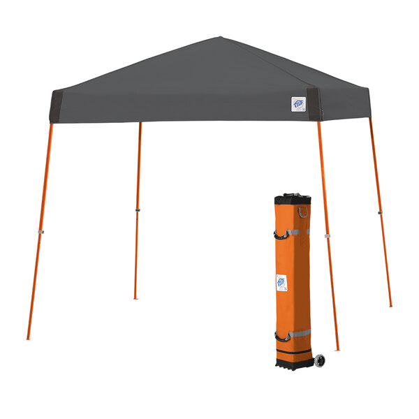 An E-Z Up Vista steel gray canopy with steel orange poles in a grey and black bag.