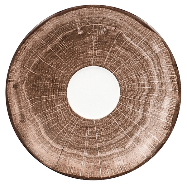 A RAK Porcelain wood saucer with a white center and an oak brown rim.