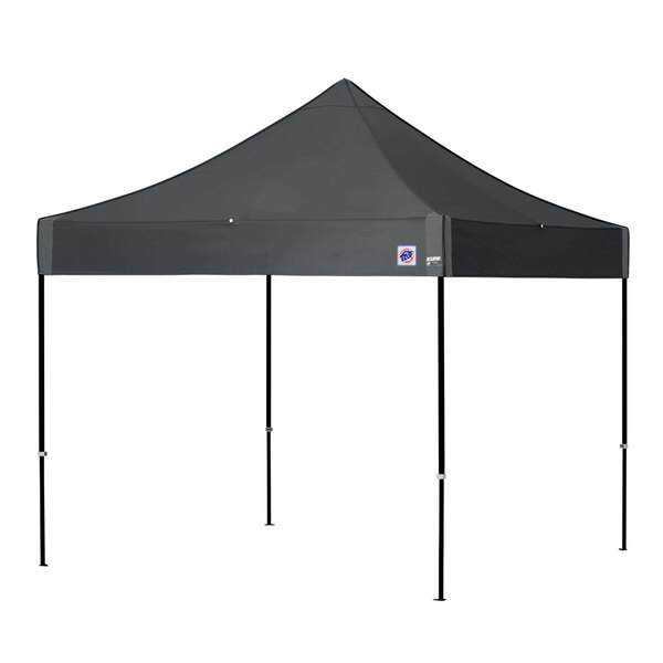 A black E-Z Up canopy with black poles and a white logo.