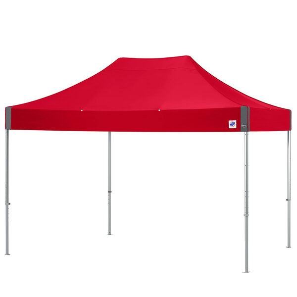 A red E-Z Up canopy tent with clear aluminum poles.