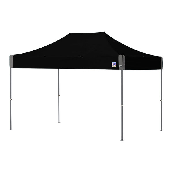 A black rectangular E-Z Up canopy with steel gray poles.