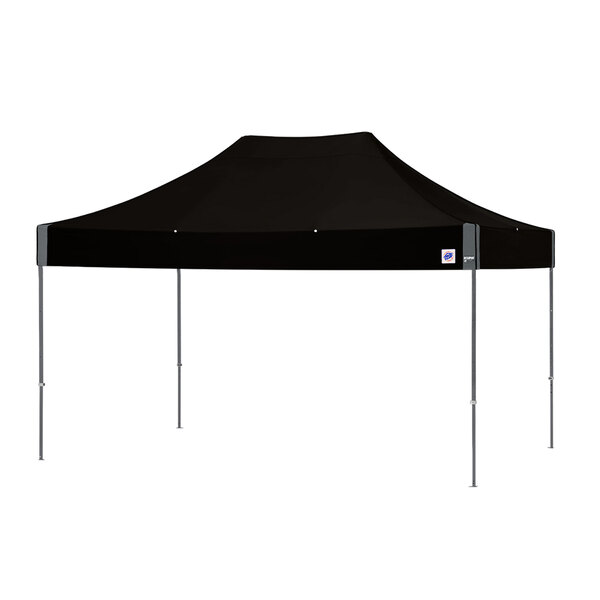 A black E-Z Up canopy with a steel gray frame on a white background.