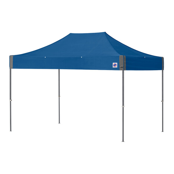 An E-Z Up royal blue canopy tent with a steel gray frame.
