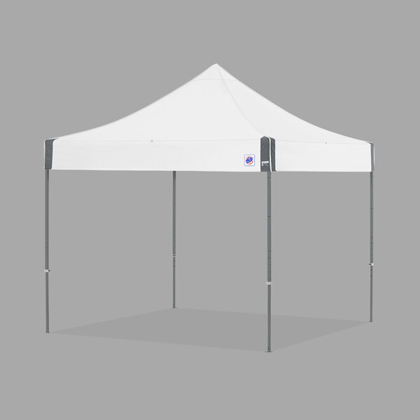 A white E-Z Up canopy with a steel gray frame.