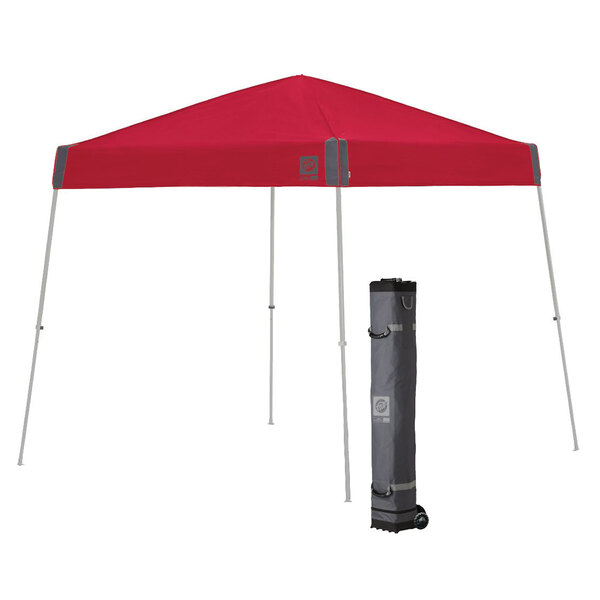 A red E-Z Up canopy with a grey bag and a steel grey frame.