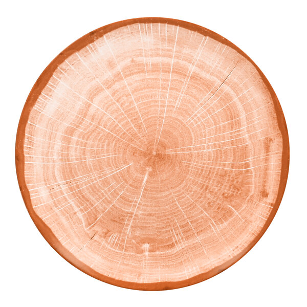 A RAK Porcelain Woodart Cedar Orange flat coupe plate with a tree trunk pattern.
