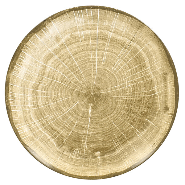A moss green RAK Porcelain Woodart coupe plate with a circular wood surface design.