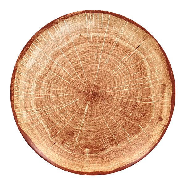 A RAK Porcelain Timber Brown flat coupe plate with a tree trunk pattern on a white background.