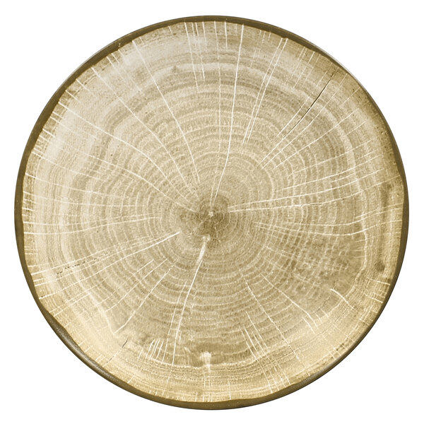 A close up of a RAK Porcelain Moss Green Woodart deep coupe plate with a tree trunk design.