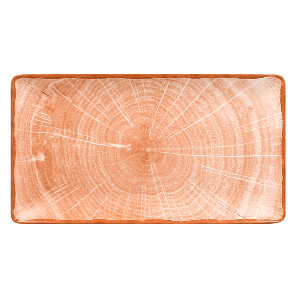 A rectangular orange porcelain serving platter with a wood pattern on it.