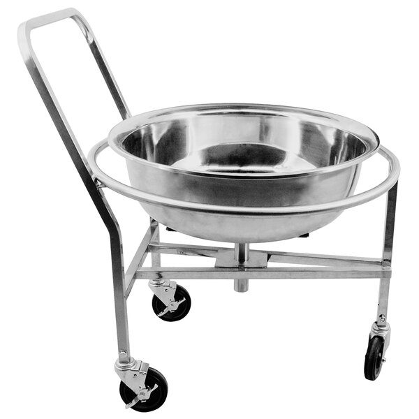 An Omcan stainless steel mixing bowl on a metal cart.