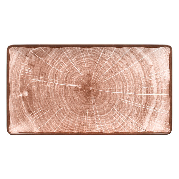 A RAK Porcelain rectangular walnut brown porcelain platter with a wood design.