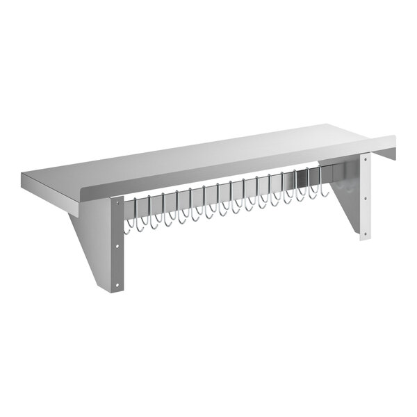 A stainless steel wall-mounted pot rack with a shelf and 18 galvanized hooks.