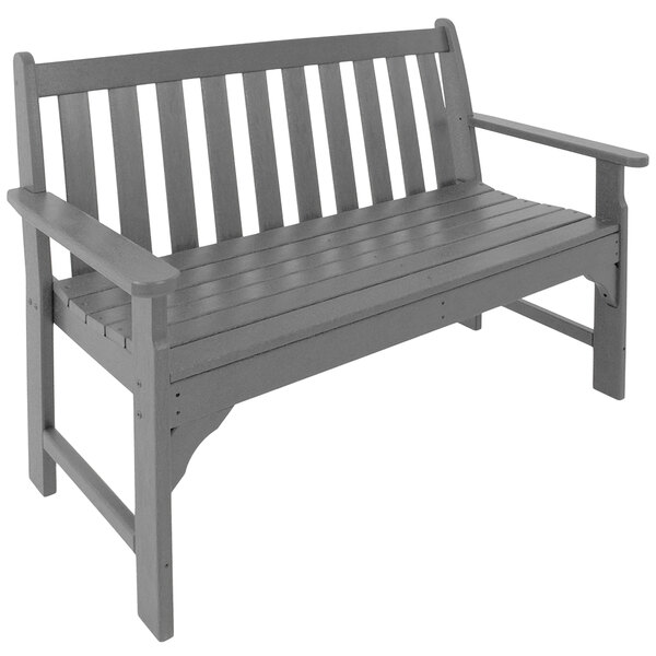 A Slate Grey POLYWOOD Vineyard bench with armrests and wooden slats.