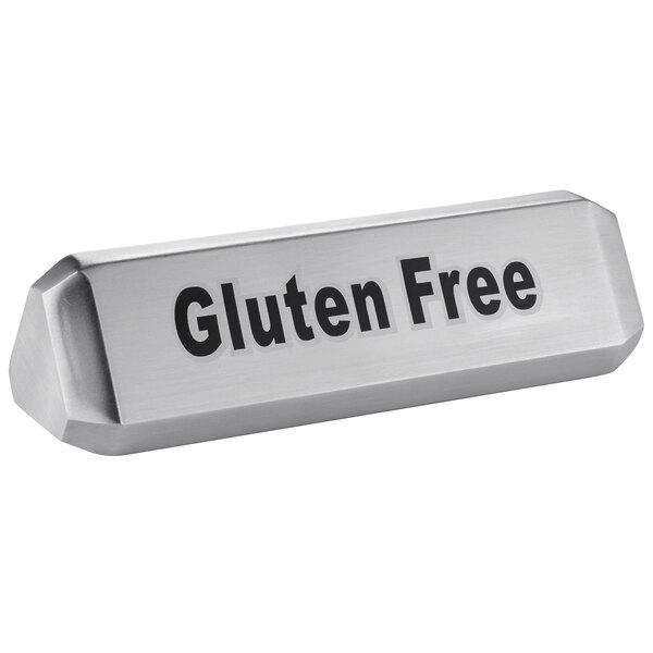 An American Metalcraft stainless steel tabletop sign with "Vegan / Vegetarian / Gluten-Free" in black text.