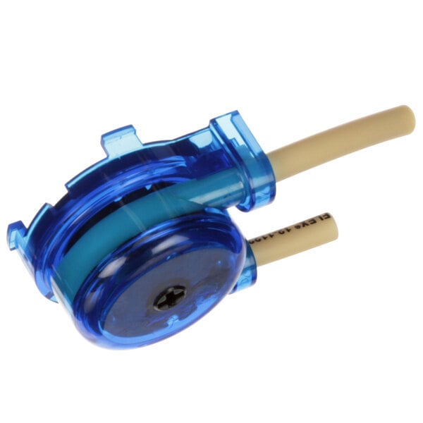 A blue plastic Noble Warewashing chemical pump with a white squeeze tube.
