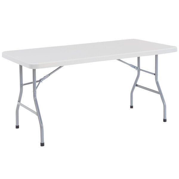 A gray rectangular NPS plastic folding table with metal legs.