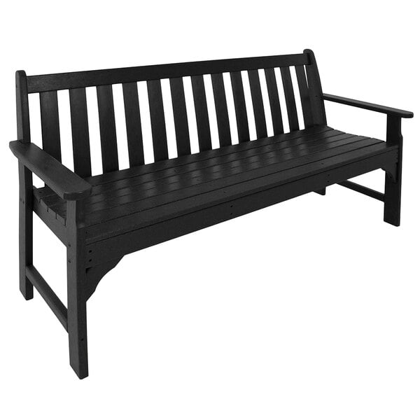 A black POLYWOOD bench with wooden slats.