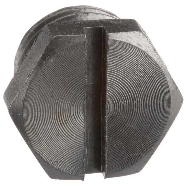 A close-up of a black Noble Warewashing end plug with two holes.