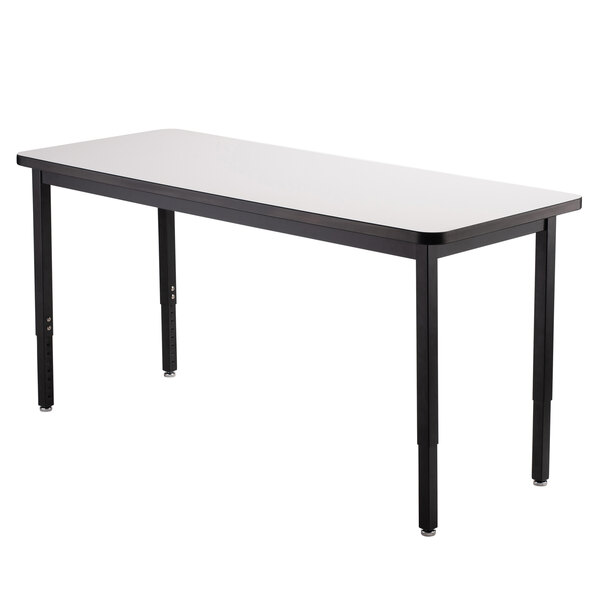 A white rectangular National Public Seating utility table with black legs.
