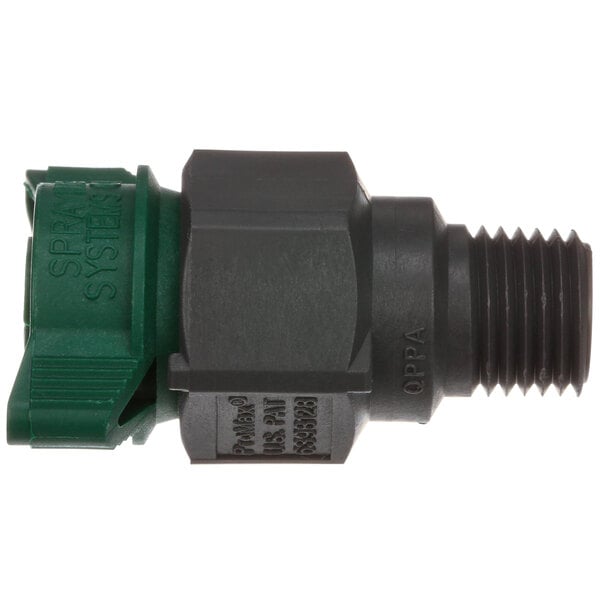 A close-up of a black and green Noble Warewashing spray nozzle and receptacle.