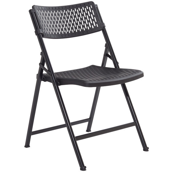 A black National Public Seating AirFlex folding chair.