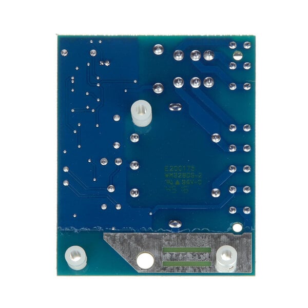 A blue Noble Warewashing water level control circuit board with a small button.