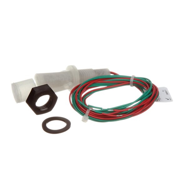 A white pipe with a red and green wire connected to a white plug and a red ring.