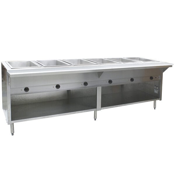 A stainless steel Eagle Group electric steam table on a counter in a commercial kitchen.