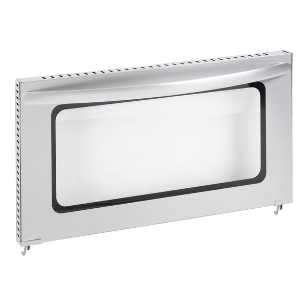 A stainless steel Galaxy countertop convection oven door with a clear window.