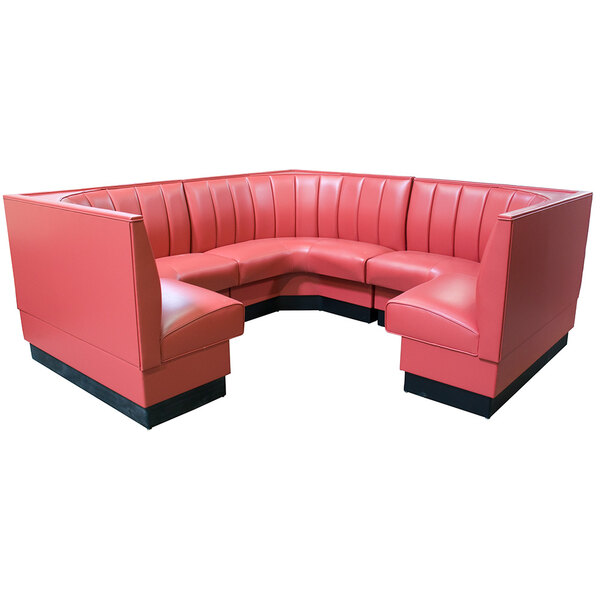 An American Tables & Seating red upholstered corner booth with black legs.