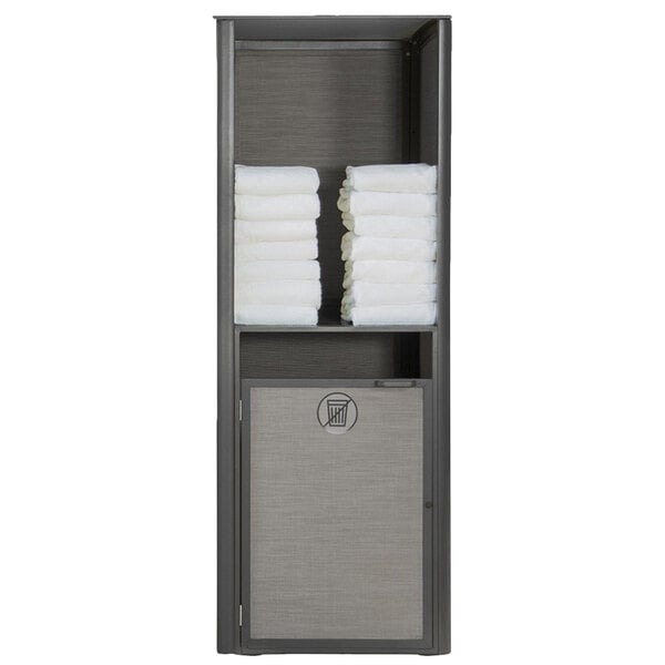 A Grosfillex Sunset Volcanic Black towel valet with towels on a shelf.