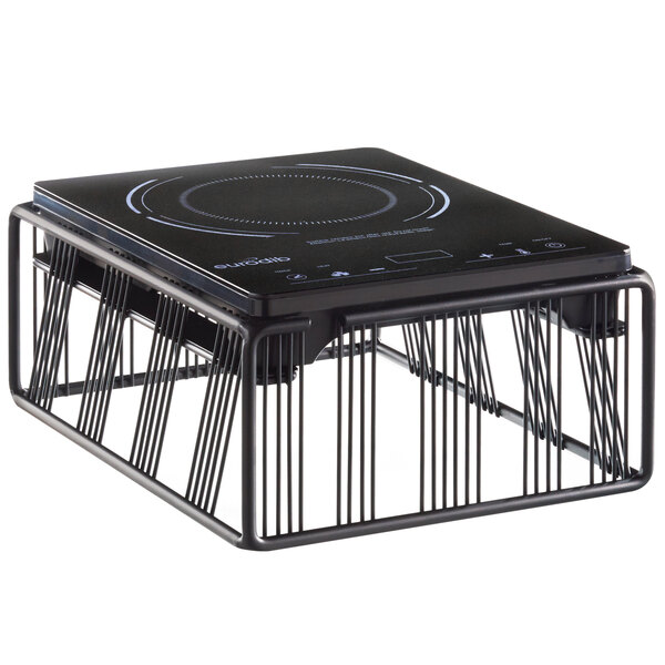 A black Cal-Mil Portland countertop induction cooker with a wire frame.