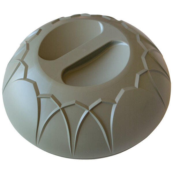 A grey circular insulated meal delivery dome with a hole in the top.
