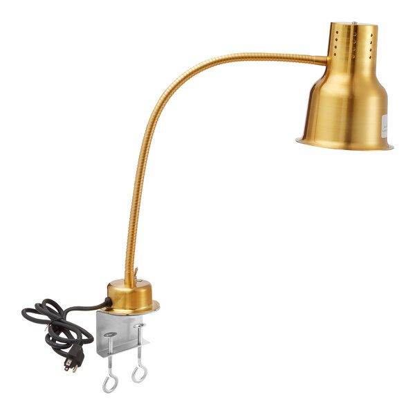 An Avantco gold stainless steel heat lamp with a cable and clamp.