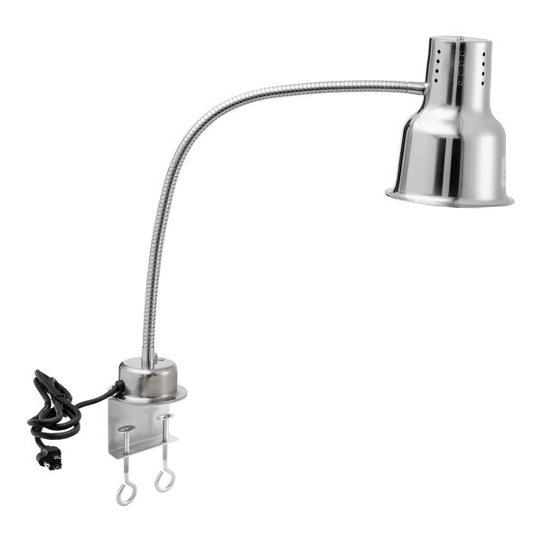 An Avantco stainless steel heat lamp with a curved silver arm.