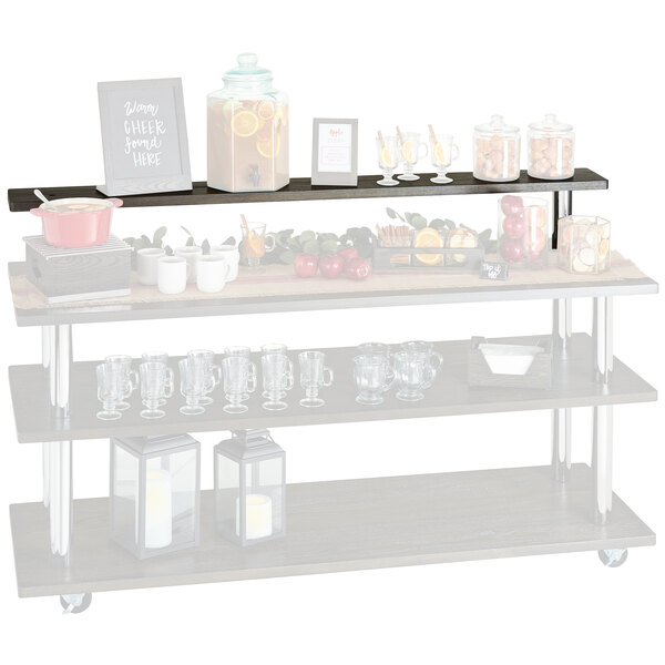 A Cal-Mil Cinderwood U-Build top shelf on a table with food and drinks.