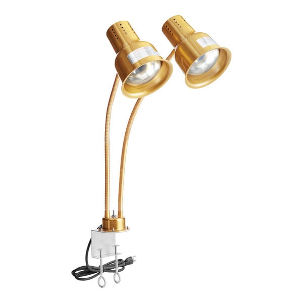 Avantco HLD24GDC 24" Gold Dual Arm Stainless Steel Heat Lamp with Avantco PCLMPSS Stainless Steel Clamp - 120V, 500W