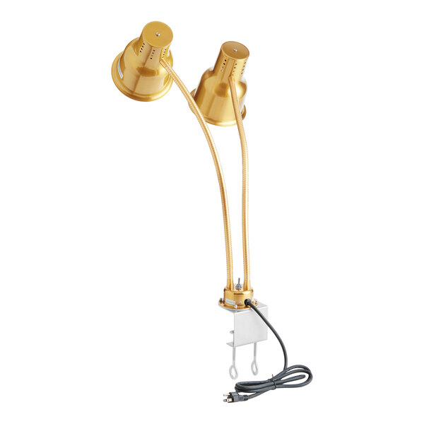 A gold dual arm stainless steel heat lamp with a clamp and power cord.