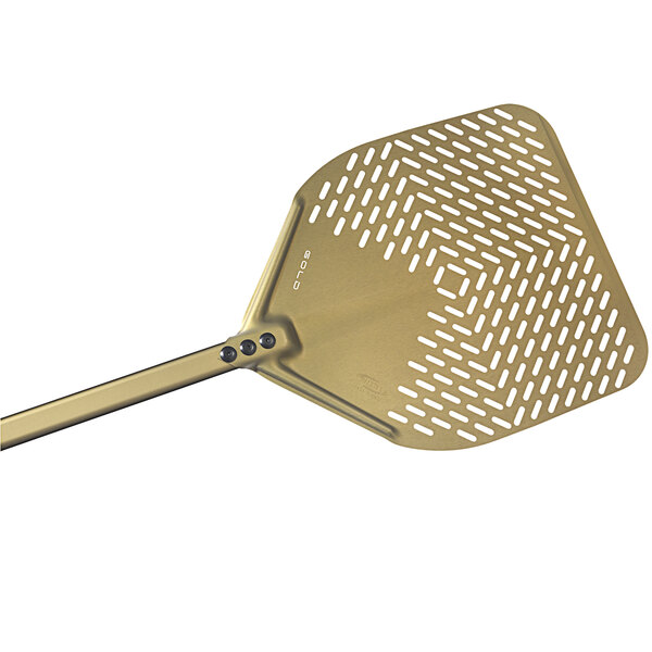 A gold anodized aluminum square pizza peel with a perforated surface.