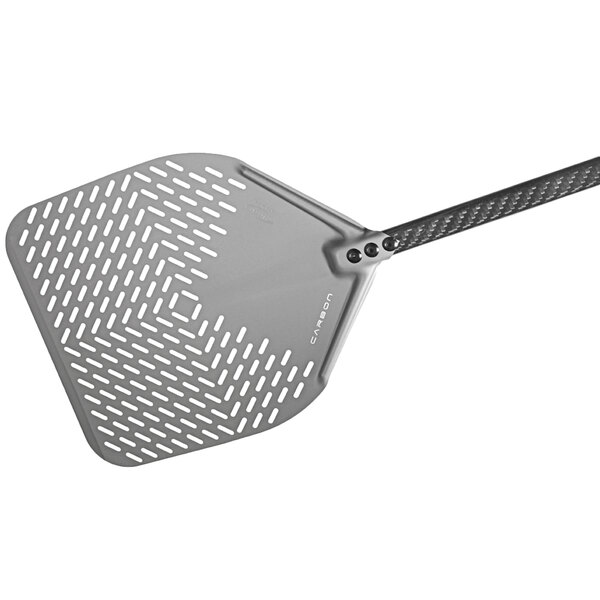 A GI Metal rectangular pizza peel with a perforated metal surface and a long handle.