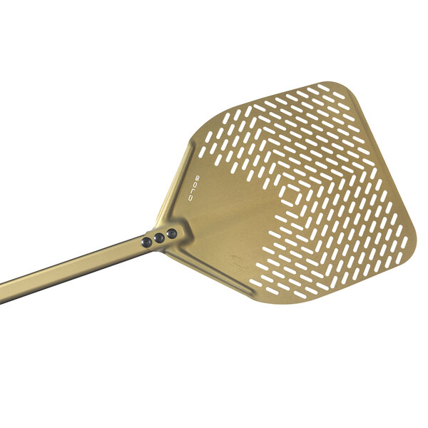 A close-up of a gold square perforated pizza peel with a long handle.