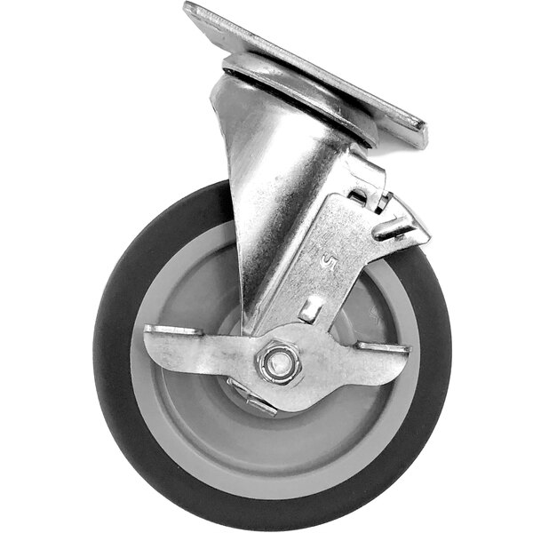 A Carlisle metal swivel plate caster with a rubber tire and metal wheel.