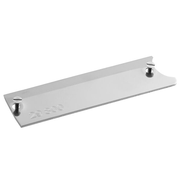 A rectangular stainless steel metal plate with two holes and a number on it.